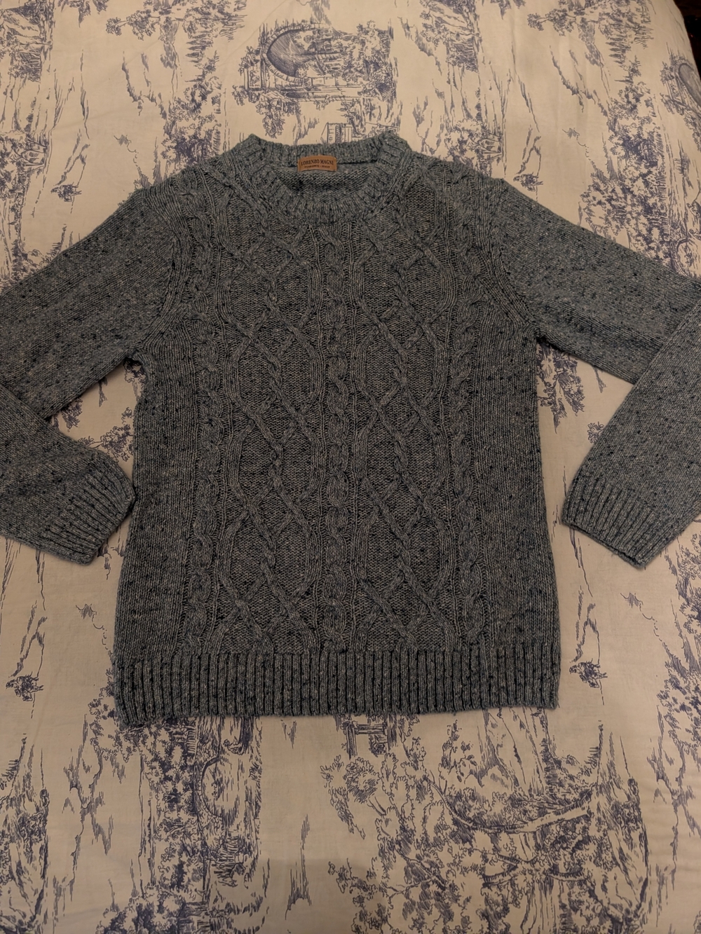 lorenzo Men's Heathered Slate Blue Cable-Knit Crewneck Wool Sweater